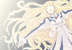  ascot blonde_hair brooch closed_eyes cosplay dianna_soreil female gundam jewelry kihel_heim kihel_heim_(cosplay) long_hair long_sleeves lying murasaki_hisato on_back outstretched_arms sleeping solo turn_a_gundam uniform very_long_hair 