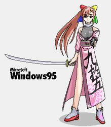  95-tan artist_request bare_shoulders brown_eyes brown_hair closed_mouth copyright_name covered_nipples female full_body gun handgun holding holding_gun holding_sword holding_weapon japanese_clothes katana kimono long_hair lowres oekaki os-tan pink_kimono solo source_request sword weapon white_footwear windows_98 windows_logo 