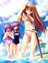  3girls alisa_landeel beach bikini blue_eyes blush brown_hair choker cloud day horns in-franchise_crossover long_hair multiple_girls na-ga name_tag nei neifirst ocean one-piece_swimsuit one_eye_closed orange_hair outdoors palm_tree phantasy_star phantasy_star_i phantasy_star_ii pointy_ears purple_hair red_eyes ribbon school_swimsuit shading_eyes sheath side-tie_bikini_bottom sky smile sunlight swimsuit sword thigh_gap tree very_long_hair wading water weapon 