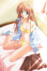  alma_~zutto_soba_ni...~ bed bra breasts female lingerie long_sleeves matra_milan mitsuki_kanae open_clothes open_shirt panties shirt socks solo underwear yellow_bra 