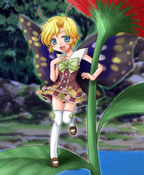  antennae blonde_hair blue_eyes fairy female mary_janes mini_person minigirl photoshop_(medium) shimon_(shimotsuma) shimotsuma shoes solo thighhighs wings yokoshima_tsumugi 