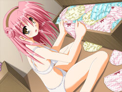  bra drawer female game_cg hairband holding holding_clothes holding_panties holding_underwear lingerie moe_love_~natsuiro_moegi_ryou~ multiple_panties panties pink_hair red_hair sitting solo striped underwear underwear_only white_bra white_panties yamino_kenji yuzuhara_mayuri 