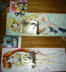  1boy 4girls :d ;d ahoge arm_grab baldr_(series) baldr_force baldr_force_exe_resolution bed black_hair blazer blonde_hair blue_eyes blue_hair blush brown_hair buttons cheek-to-cheek color_halftone cover crease dakimakura_(medium) fate_testarossa floor from_above gun hair_between_eyes hair_ornament hair_over_breasts hair_ribbon hairclip heads_together holding jacket kikuchi_seiji legs long_hair lying lyrical_nanoha magazine_cover magical_girl mahou_shoujo_lyrical_nanoha mahou_shoujo_lyrical_nanoha_a&#039;s mecha megami_magazine megami_magazine_deluxe miniskirt mizusaka_ren multiple_girls neck_ribbon official_art okuda_yasuhiro on_back on_side one_eye_closed open_mouth orange_hair parted_bangs photo_(medium) pleated_skirt poster_(object) purple_eyes red_eyes ribbon robot scan school_uniform scrunchie seishou_middle_school_uniform shirt short_hair side_ponytail sidelocks skirt smile socks souma_tooru stick_poster takamachi_nanoha tooru_ki twintails untied very_long_hair weapon wooden_floor yagami_hayate 