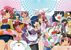  1boy 5girls =_= ahoge akiba_megumi animal_ears bent_over biscuit_(bread) bisuke-tan black_hair black_thighhighs blue_eyes blue_hair blue_thighhighs blush blush_stickers bow bracelet braid breasts carrot chaps choker cleavage clothes_lift cowboy_hat cowboy_western date_kyousuke dress dress_lift everyone finger_gun fishing_rod food gloves green_hair hair_bobbles hair_ornament hand_on_own_hip hat head_tilt highres innertube jewelry kokubunji_koyori large_breasts leaning lolicon long_hair long_sleeves maid maid_headdress mugimaru multiple_girls nail_polish nakahara_komugi name_tag nurse nurse_cap nurse_witch_komugi-chan o_o object_on_head oerba_yun_fang one-piece_swimsuit own_hands_clasped own_hands_together pink_eyes pink_hair pointing posokichi rabbit_ears red_nails ribbon sakurai_asuka school_swimsuit school_uniform short_hair swim_ring swimsuit syrup tail thighhighs tokisaka_runa twintails watanabe_akio wings 