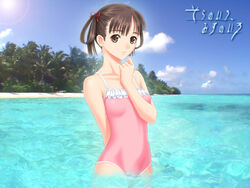  arm_behind_back beach black_hair casual_one-piece_swimsuit day female forest frilled_one-piece_swimsuit frills hair_rings hand_to_own_mouth nature ocean one-piece_swimsuit outdoors palm_tree photo_background photoshop_(medium) solo sora_no_iro_mizu_no_iro sorayama_natsume sun swimsuit tony_taka tree water 