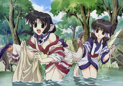  2girls absurdres animal animal_ears aruruu black_hair breasts cleavage day dog_ears eruruu fish grabbing highres holding_another&#039;s_tail long_hair long_sleeves magazine_scan medium_breasts megami_magazine multiple_girls nakata_masahiko official_art outdoors photoshop_(medium) scan scan_artifacts short_hair tail tail_grab tree undressing utawarerumono 