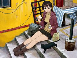  afternoon_(magazine) animal azuma_kiyohiko bag brown_footwear brown_hair cup eating feline female food holding holding_food long_sleeves miniskirt pencil_skirt photoshop_(medium) short_hair sitting sitting_on_stairs skirt solo stairs 