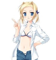  akino_takehiko bettou_izumi-shizuka_scarlett bikini bikini_under_clothes blonde_hair blue_eyes female flat_chest game_cg long_sleeves open_clothes open_fly open_shirt scarlett shirt short_hair sleeves_rolled_up solo swimsuit tachi-e transparent_background 