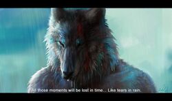  2020 anthro black_nose blade_runner blood blue_body blue_fur bodily_fluids canid canine canis cyberpunk dialogue dripping dripping_wet english_text fur future letterbox looking_down male mammal movie_reference narrowed_eyes parody raining roy_batty solo tears text the_ardwolf wet wet_body wet_fur white_body white_fur wolf wolnir 