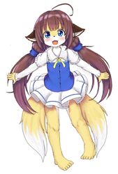  :d ahoge animal_ear_fluff animal_ears barefoot blue_dress blue_eyes brown_hair dress fangs female furrification furry furry_female hair_ornament hair_scrunchie happy highres hinatsuru_ai layered_sleeves lolicon long_hair long_sleeves looking_at_viewer mcsadat multiple_tails open_mouth puffy_short_sleeves puffy_sleeves ribbon ryuuou_no_oshigoto! scrunchie short_over_long_sleeves short_sleeves skirt smile solo tail twintails two_tails white_fur yellow_fur 