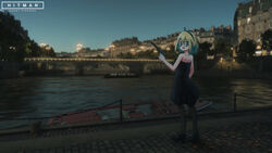  absurdres amano_pikamee bare_arms bare_shoulders bespectacled black_dress black_footwear black_hairband black_pantyhose blonde_hair blue_sky blurry blurry_background boat bridge building canal character_name commentary depth_of_field dress english_commentary female glasses green_eyes green_hair gun hair_between_eyes hairband handgun high_heels highres hitman_(game) holding holding_gun holding_weapon looking_at_viewer looking_back multicolored_hair outdoors pantyhose parted_lips rentikoy sharp_teeth shoes short_hair sky solo strapless strapless_dress suppressor teeth tree twitter_username two-tone_hair v-shaped_eyebrows virtual_youtuber voms water watercraft weapon 