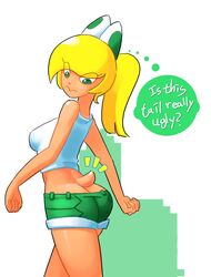  ass blonde_hair border bottomwear butt_cleavage clothed clothing dark_body dark_skin english_text female green_background green_eyes hair hand_on_hip hi_res humanoid koopa koopa_troopa koopagirl long_hair looking_back looking_down mario_bros minus8 nintendo ponytail portrait rear_view scalie shirt shorts simple_background small_butt solo tank_top text thigh_gap thought_bubble three-quarter_portrait topwear white_background 