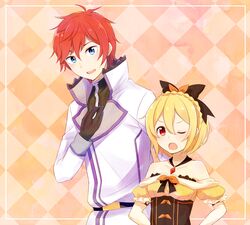  1boy :d black_bow black_gloves blonde_hair blue_eyes bow braid checkered_background coat collarbone crown_braid dress felt_(re:zero) female gloves hair_between_eyes hairbow highres long_sleeves nemu_mohu off-shoulder_dress off_shoulder one_eye_closed open_mouth orange_bow re:zero_kara_hajimeru_isekai_seikatsu red_eyes red_hair reinhard_van_astrea short_hair short_sleeves smile standing underbust white_coat 