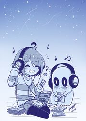  2others album_cover black_pants blue_background blue_sky blush cd_case closed_eyes closed_mouth cover frisk_(undertale) ghost headphones heart highres holding holding_cd long_sleeves monochrome multiple_others musical_note napstablook on_floor pants sandragh short_hair sitting sky smile star_(sky) stereo striped_clothes striped_sweater sweater tears thumbs_up undertale 