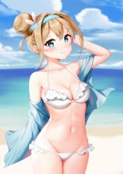  arm_up bikini bikini_under_clothes blue_eyes blue_hairband blue_jacket blue_sky blurry blurry_background blush breasts brown_hair closed_mouth cloud cloudy_sky collarbone commentary cowboy_shot day depth_of_field female frilled_bikini frills girls&#039;_frontline groin hair_between_eyes hair_bun hair_ornament hairband highres horizon jacket medium_breasts navel nose_blush ocean off_shoulder official_alternate_costume open_clothes open_jacket outdoors single_hair_bun sky smile snowflake_hair_ornament solo standing suomi_(girls&#039;_frontline) suomi_(midsummer_pixie)_(girls&#039;_frontline) swimsuit variant_set water white_bikini white_clover_(unfy8472) 