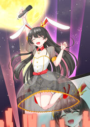  animal_ears archienemy arm_up black_hair blush closed_eyes crescent crown earrings female flat_chest full_moon highres holding holding_microphone jewelry jumping long_hair microphone mini_crown moon night night_sky nijisanji open_mouth pendant rabbit_ears screen see-through see-through_sleeves short_sleeves sky smile solo tsukino_mito tsukino_mito_(10th_costume) virtual_youtuber 