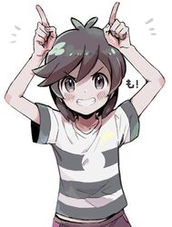  1boy antenna_hair arms_up blush collarbone commentary_request elio_(pokemon) grey_eyes grey_hair grin highres horns_pose index_fingers_raised looking_at_viewer male_focus medium_hair mikanbako_(aitatadon3) pants pokemon pokemon_sm shirt short_sleeves simple_background smile solo striped_clothes striped_shirt t-shirt teeth white_background 