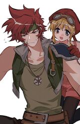  1boy :d agate_crosner belt belt_buckle blonde_hair blush buckle chinese_commentary closed_mouth collarbone commentary eiyuu_densetsu female flying_sweatdrops gloves goggles goggles_on_head hat headband highres jewelry muscular necklace open_mouth red_hair scar scar_on_face shirt sidelocks simple_background sleeveless smile sora_no_kiseki sweatdrop tita_russell towtow_redoland v-shaped_eyebrows white_background 