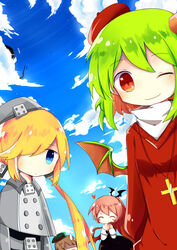  4girls absurdres bat_wings black_dress blonde_hair blue_eyes blue_sky brown_hair closed_eyes cloud cross dress froze_(funamusea) funamusea green_hair green_headwear gretia grey_dress grey_headwear haiiro_teien hair_between_eyes hand_on_own_chest hat heart highres long_hair long_sleeves macarona_(funamusea) multiple_girls one_eye_closed one_eye_covered pink_hair rawberry_preserves red_eyes red_sweater shirt short_hair sky sweater twintails white_shirt wings yosafire_(funamusea) 