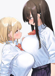  2girls black_skirt blonde_hair bow bowtie breast_on_breast breast_rest breasts brown_eyes brown_hair button_gap closed_mouth commentary_request grey_background hair_ornament hairclip height_difference kaisen_chuui large_breasts long_hair looking_at_another multiple_girls original profile purple_eyes raglan_sleeves red_bow red_bowtie school_uniform shirt short_hair simple_background skirt smile sweatdrop tented_shirt white_shirt yellow_eyes 