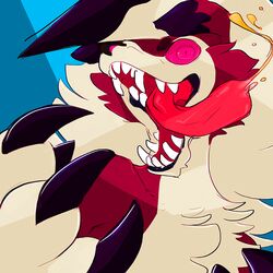  1:1 2018 ambiguous_gender anthro black_nose blue_background canid canine cheek_tuft chest_tuft claws facial_tuft fingers fur generation_7_pokemon hair lycanroc mammal midnight_lycanroc nintendo open_mouth pokemon pokemon_(species) red_body red_fur sharp_teeth simple_background smadvil solo teeth tongue tongue_out tuft white_body white_fur white_hair 