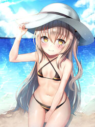  bare_arms bare_shoulders beach bikini black_bikini blue_sky breasts brown_hair caustics cloud cloudy_sky criss-cross_halter day female girls_frontline hair_between_eyes halterneck hand_on_headwear hand_up hat hinaki_(hinaki_0102) horizon lens_flare light_rays long_hair looking_at_viewer navel ocean one_side_up outdoors scar scar_across_eye sitting sky small_breasts smile solo sun_hat sunbeam sunlight swimsuit ump45_(girls_frontline) very_long_hair water white_headwear yellow_eyes 