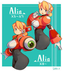  absurdres alia_(mega_man) android arm_cannon blonde_hair blue_eyes blush bodysuit breasts female gloves headgear highres large_breasts long_hair looking_at_viewer mega_man_(series) mega_man_x_(series) one_eye_closed open_mouth robot robot_ears sho.t smile solo weapon white_gloves 