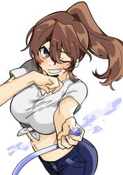  alternate_hairstyle ashigara_(kancolle) blush breasts brown_eyes brown_hair denim female front-tie_top hair_between_eyes higaragi highres holding holding_hose hose jeans kantai_collection large_breasts long_hair looking_at_viewer midriff oerba_yun_fang one_eye_closed open_mouth pants ponytail shirt short_sleeves simple_background skin_fang solo water wet white_background white_shirt 