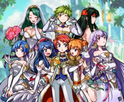  2boys 6+girls absurdres alternate_costume annoyed back bare_shoulders blue_eyes blue_hair blurry blurry_background blush bouquet breasts bridal_veil cecilia_(bridal)_(fire_emblem) cecilia_(fire_emblem) cleavage closed_eyes detached_collar detached_sleeves double_bun double_v dress elbow_gloves fire_emblem fire_emblem:_the_binding_blade fire_emblem_heroes frills gloves green_eyes green_hair hair_bun headband highres larum_(bridal)_(fire_emblem) larum_(fire_emblem) lilina_(bridal)_(fire_emblem) lilina_(fire_emblem) long_hair looking_at_another looking_back medium_breasts multiple_boys multiple_girls official_alternate_costume orange_hair pants purple_eyes purple_hair red_hair red_headband roy_(fire_emblem) roy_(groom)_(fire_emblem) sbql_(niaunclefan) shanna_(bridal)_(fire_emblem) shanna_(fire_emblem) short_hair smile smug sophia_(bridal)_(fire_emblem) sophia_(fire_emblem) strapless strapless_dress sue_(fire_emblem) tuxedo v v-shaped_eyebrows veil very_long_hair wedding_dress white_dress white_gloves white_pants wolt_(fire_emblem) 