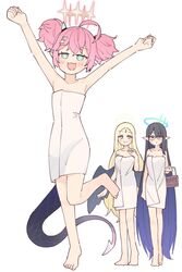  3girls :3 ahoge arms_up ayumu_(blue_archive) bad_id bad_twitter_id bare_shoulders barefoot basket black_hair blonde_hair blue_archive breasts bright_pupils cleavage closed_mouth flat_chest forehead_jewel full_body glasses gradient_hair green_eyes halo hand_on_own_chest highres holding holding_basket kamo_(kamonabe_44) long_hair looking_at_viewer medium_breasts momoka_(blue_archive) multicolored_hair multiple_girls naked_towel open_mouth outstretched_arms pointy_ears rin_(blue_archive) short_twintails simple_background smile solo_focus standing standing_on_one_leg tail towel twintails very_long_hair white_background white_pupils wings 