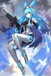  alternate_eye_color armored_leotard assault_rifle blue_eyes blue_hair breasts bullpup character_request check_character check_copyright closed_mouth cloud commentary_request copyright_request diao_chan female floating girls&#039;_frontline gloves gun headgear highres holding holding_weapon iwi_tavor leotard light_blue_hair long_hair magazine_(weapon) mecha_musume multicolored_hair neon_trim outdoors reloading rifle robot_ears scope sky solo tar-21_(girls&#039;_frontline) two-tone_hair wangzhe_rongyao weapon white_footwear wjn-rance 