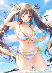  ;d bikini black_ribbon blue_eyes blue_sky blush breasts brown_hair cloud day female flower frilled_bikini frills front-tie_bikini_top front-tie_top hair_flower hair_ornament hair_ribbon large_breasts long_hair maronie. navel ocean one_eye_closed open_mouth original outdoors ribbon side-tie_bikini_bottom sky smile solo splashing striped_bikini striped_clothes summer swimsuit very_long_hair wading water white_flower 