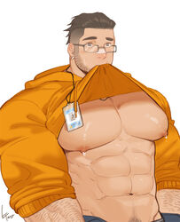  1boy abs arm_hair bara bare_pecs character_request check_copyright copyright_request earrings facial_hair glasses gomtang grey_hair hair_slicked_back jewelry lactation large_pectorals lifted_by_self long_sideburns male_focus male_lactation mature_male mouth_hold muscular muscular_male name_tag navel navel_hair nipples orange_shirt original rimless_eyewear shirt shirt_lift short_hair sideburns solo stomach stubble undercut upper_body 