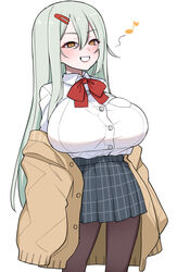  akitokage bow bowtie breasts dress_shirt female green_hair grey_skirt hair_ornament hairclip highres huge_breasts jacket long_hair mole mole_under_mouth musical_note off_shoulder open_mouth pantyhose plaid plaid_skirt pleated_skirt red_bow red_bowtie school_uniform shirt skirt solo sorako_mozu spoken_musical_note white_shirt yellow_eyes yellow_jacket yomega_kiss 