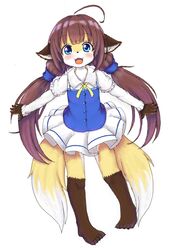  :d ahoge animal_ear_fluff animal_ears barefoot blue_dress blue_eyes brown_hair dress fangs female furrification furry furry_female hair_ornament hair_scrunchie happy highres hinatsuru_ai layered_sleeves lolicon long_hair long_sleeves looking_at_viewer mcsadat multiple_tails open_mouth puffy_short_sleeves puffy_sleeves ribbon ryuuou_no_oshigoto! scrunchie short_over_long_sleeves short_sleeves skirt smile solo tail twintails two_tails white_fur yellow_fur 