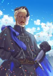  1boy :o absurdres beard belt black_cape black_gloves black_hat blonde_hair blue_sky cape cck_(ops) clenched_hand confetti dark-skinned_male dark_skin day facial_hair gloves hat highres looking_at_viewer male_focus md5_mismatch outdoors pixiv_fantasia pixiv_fantasia_mountain_of_heaven red_eyes scar scar_across_eye scar_on_face sheath sheathed sky solo standing verlis_geisler very_dark_skin 