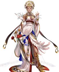  blonde_hair bracelet breasts dark-skinned_female dark_skin dress feather_trim female fire_emblem fire_emblem_awakening fire_emblem_heroes flavia_(bridal)_(fire_emblem) flavia_(fire_emblem) flower full_body gold_trim hair_ornament high_heels highres holding holding_weapon jewelry lips long_dress long_hair looking_at_viewer medium_breasts non-web_source official_art purple_eyes rose smile solo standing suzuki_rika sword tiara transparent_background weapon wedding_dress white_dress 