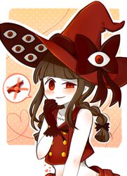  belly blush bow braid brown_hair buttons colored_skin darklephise extra_eyes female funamusea gloves gradient_background hand_on_own_chin hat hat_bow heart long_hair oounabara_to_wadanohara orange_background panties red_bow red_eyes red_gloves red_hat red_panties red_shirt shirt simple_background smile solo speech_bubble third_eye twin_braids underwear wadanohara wadanohara_(red_sea) white_background white_skin witch_hat 