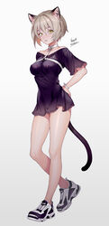  animal_ears artist_name bangs banned_artist bare_legs bare_shoulders blonde_hair bracelet breasts cat_ears cat_girl cat_tail collarbone commentary_request dress eyebrows_visible_through_hair female full_body grey_neckwear hand_on_hip highres jewelry medium_breasts midori_fuu off-shoulder_dress off_shoulder original parted_lips purple_dress shoes short_dress short_hair short_sleeves sneakers tail yellow_eyes 