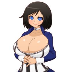  alternate_breast_size bioshock_(series) bioshock_infinite black_hair blue_eyes blue_jacket bob_cut breasts choker cleavage collarbone commentary elizabeth_(bioshock_infinite) english_commentary female huge_breasts interlocked_fingers jacket medium_hair mike_inel own_hands_together smile solo striped transparent_background upper_body 