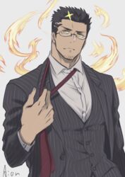  1boy aion_kiu alternate_skin_color bara black_suit dark-skinned_male dark_skin facial_hair fire formal glasses goatee loose_necktie male_focus mature_male muscular muscular_male necktie official_alternate_costume pectorals red_necktie short_hair sideburns solo striped_suit stubble suit tokyo_afterschool_summoners upper_body zabaniyya_(fashionista_suit)_(housamo) zabaniyya_(housamo) 