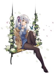  artist_request black_pantyhose cutoffs dress drink female flower full_body game_cg green_eyes grey_hair hair_flower hair_ornament jewelry leg_up long_hair mahjong_soul no_shoes non-web_source off_shoulder official_art pantyhose petals ribbed_sweater ring short_shorts shorts side_ponytail sidelocks sleeves_past_wrists solo sweater sweater_dress tachi-e transparent_background turtleneck yagi_yui 