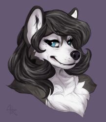  acidapluvia alaskan_malamute anthro black_hair blue_eyes bust_portrait caedere canid canine canis chest_tuft countershading cute_fangs domestic_dog eyelashes female greying_hair hair hi_res kanna_(slither) looking_at_viewer mammal mature_female narrowed_eyes nordic_sled_dog portrait smile solo spitz tuft 