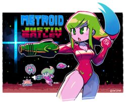  arm_cannon blush_stickers breasts bright_pupils character_name character_request cleavage contrapposto copyright_name creature female floating_hair green_eyes green_hair hand_up highres justin_bailey leotard long_hair looking_to_the_side medium_breasts metroid open_mouth rariatto_(ganguri) red_leotard samus_aran solo standing twitter_username weapon 