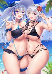  2girls absurdres alicia_renato_(yashiro_sousaku) armpits beach bikini black_bikini blue_eyes blue_sky blue_slingshot_swimsuit blush borrowed_character breast_press breasts choker cleavage cloud cloudy_sky collarbone commission crossed_bangs day eyelashes eyepatch_bikini flower frilled_bikini frills glasses green_bikini grey_hair hair_between_eyes hair_flower hair_ornament hand_on_own_hip hat heterochromia highleg highleg_bikini highres hug hyouka_(yashiro_sousaku) large_breasts layered_bikini leg_ribbon lips long_hair lowleg lowleg_bikini mismatched_bikini multi-strapped_bikini multicolored_hair multiple_girls navel o-ring o-ring_bikini o-ring_bottom o-ring_top ocean open_mouth original outdoors palms petals purple_eyes red_eyes ribbon short_hair sidelocks skindentation sky slingshot_swimsuit smile stomach streaked_hair string_bikini sun_hat sweat swimsuit symmetrical_docking thigh_ribbon thigh_strap thighs toriatto_gununu v variant_set wet white_bikini white_hair wrist_ribbon yellow_eyes yuri 