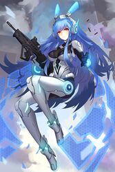  armored_leotard assault_rifle blue_hair breasts bullpup closed_mouth cloud commentary_request diao_chan female floating girls&#039;_frontline gloves gun headgear highres holding holding_weapon iwi_tavor leotard long_hair magazine_(weapon) mecha_musume neon_trim outdoors reloading rifle robot_ears scope sky solo tar-21_(girls&#039;_frontline) wangzhe_rongyao weapon white_footwear wjn-rance yellow_eyes 