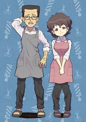  1boy absurdres akiyama_jungorou akiyama_yoshiko apron arm_behind_head arm_up barber_pole black-framed_eyewear black_footwear black_pants blue_background brown_eyes brown_hair collared_shirt earrings facial_hair female girls_und_panzer glasses grey_apron grey_legwear half-closed_eyes highres husband_and_wife jewelry long_sleeves moustache nakachiruno pants pink_apron rectangular_eyewear sandals scissors shirt short_hair socks stud_earrings v_arms very_short_hair wavy_hair white_shirt 