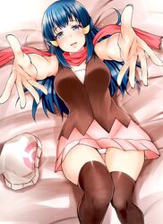  adahcm beanie blue_eyes blue_hair dawn_(pokemon) female hat long_hair looking_at_viewer outstretched_arms panties pantyshot pink_skirt poke_ball_symbol pokemon pokemon_dppt reaching reaching_towards_viewer red_scarf scarf skirt sleeveless smile solo thigh_gap thighhighs underwear white_hat 