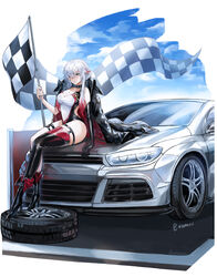  absurdres alternate_costume azur_lane black_choker black_footwear black_gloves black_leotard blue_eyes blue_sky boots breasts car checkered_flag choker cleavage cloud collarbone commentary elbow_gloves english_commentary female flag flagpole gloves hair_over_one_eye high_heel_boots high_heels highres holding holding_flag large_breasts leotard looking_at_viewer motor_vehicle multicolored_hair odin_(azur_lane) on_vehicle pink_hair race_queen sidelocks single_elbow_glove single_thighhigh sitting sitting_on_car sky solo streaked_hair thigh_strap thighhighs tied_hair tire twitter_username two-tone_leotard usatorii vehicle_focus white_background white_hair white_leotard 