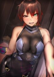  barghest_(fate) barghest_(fate)_(cosplay) barghest_(second_ascension)_(fate) bodysuit breasts brown_hair colored_tips cosplay cowboy_shot fate/grand_order fate_(series) female gradient_hair green_eyes heterochromia highres kilye_kairi looking_at_viewer medium_breasts multicolored_hair original pelvic_curtain red_eyes red_hair short_hair skin_tight solo two-tone_hair 